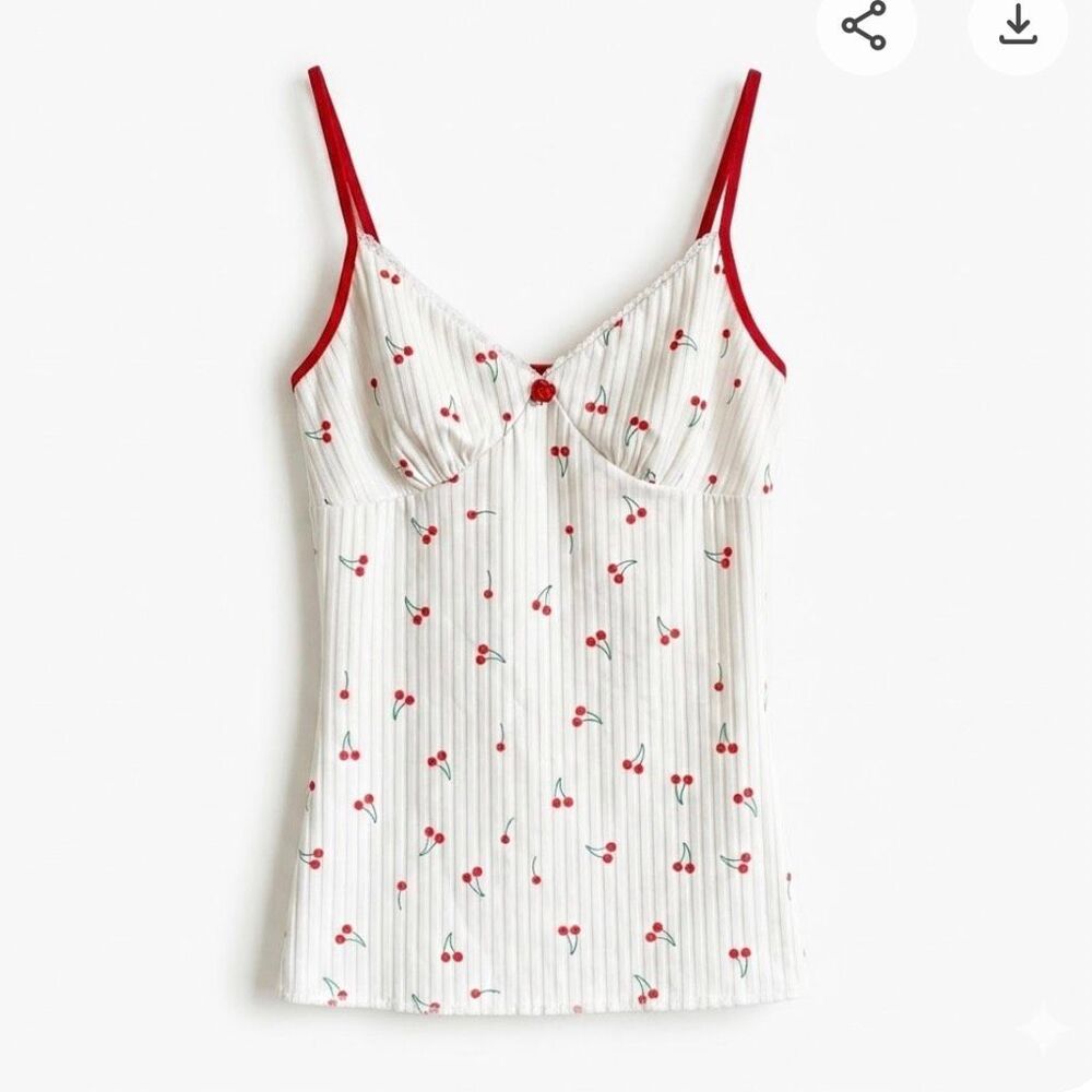 Y2K Aesthetic babydoll Cherry Print Ribbed Lace Trim Cami Top - Size S - Picture 1 of 6